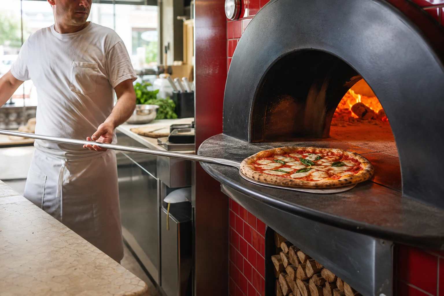 Pizzaiolo holt eine frisch gebackene Pizza aus dem Holzofen